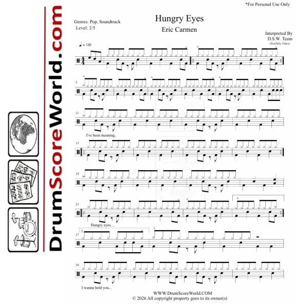 Eric Carmen – Hungry Eyes - Drum Sheet